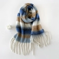 Bufanda gruesa a cuadros azul, camello y marfil con flecos y textura de mohair - 230x36cm / Azul Café (HM016-Azul Café)