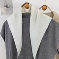 Grey knitted scarf shawl with white minimalist triangular detail for winter warmth - White
