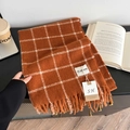 Thick caramel plaid scarf for women featuring soft cashmere feel and long fringe detail - Caramel