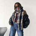 Detailed view of heavy wool-touch plaid scarf with fringe tassels in check patterns - Blue (HM54)
