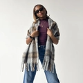 Close-up of thick plaid wool shawl featuring long tassels and soft autumn texture - Light Gray (HM54)