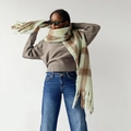 Thick mohair checkered scarf with tassels in pale green and caramel brown tones - Coffee Green Plaid