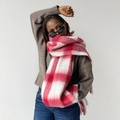 Thick pink and white checkered mohair scarf for women with soft tassel fringe detail - Red Plaid