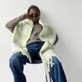 Thick mohair scarf with white and lime green plaid patterns and long fringe tassels - 240x35cm / Green Plaid