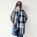Thick mohair winter scarf with dark blue and grey plaid pattern and long fringes - 240x35cm / Blue Plaid