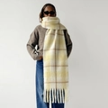 Plaid mohair scarf in beige and brown check with long tassels worn by a model - 240x35cm / Yellow Plaid