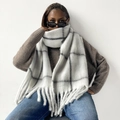 Thick mohair winter scarf with white and dark grey windowpane checks and long tassels - 240x35cm / Grey Grid