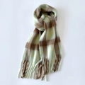 Thick mohair scarf in mint green and brown plaid with tassels for winter - Coffee Green