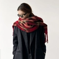 Thick wool scarf with red and brown plaid pattern and fringe tassels for winter warmth - Red (HM54)