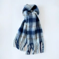 Thick mohair winter scarf in blue and cream plaid pattern with fringe detailing - Blue