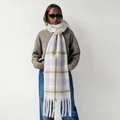 Thick mohair scarf with white, light purple, and brown plaid pattern and long fringe - 240x35cm / Purple Plaid