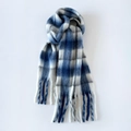Mohair-like blue and white plaid scarf with long tassels and soft fluffy texture - 240x35cm / Dark Blue Plaid