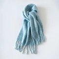 Soft light blue wool blend plaid scarf with decorative long tassel fringe for winter warmth - 200x40cm / Blue