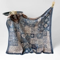 Elegant navy and brown silk square scarf with vintage floral and botanical prints - Blue Flower Affair