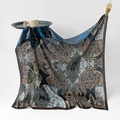 Silk texture square scarf with vintage paisley and floral patterns in navy and brown - Intricate Blue Rhyme
