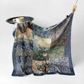 Retro paisley and floral printed large square silk scarf in navy blue and gold yellow finish - Butterfly and Flowers