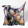 Artistic oil painting style floral silk scarf featuring purple irises and yellow accents - Dancing Flowers
