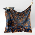 Elegant navy blue square silk scarf with orange floral pattern and silky finish - Blue Base Floral