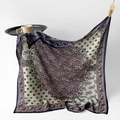 Navy blue and beige paisley silk scarf with vintage red patterns and smooth texture - Golden Flower Affair