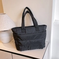 Minimalist black quilted nylon tote bag with spacious interior and padded shoulder straps - 43*15*27cm / Black