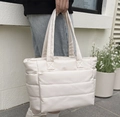 Minimalist cream white quilted nylon tote bag with large capacity and shoulder straps - 43*15*27cm / Off White