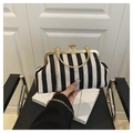 Vertical black and white striped handbag with golden clasp and chain shoulder strap - Black
