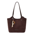 Bolso tote de ante marrón con colgante de cuentas de madera y correas de hombro - Marrón