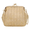 Chic beige woven clutch bag with gold metal frame and delicate chain strap - Khaki