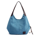 Blauwe canvas hobo-tas met donkerbruine leren schouderbanden en vintage textuur - Blauw