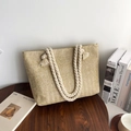 Sac cabas en paille tissée avec poignées en corde de coton blanc style d'été - Khaki (Style 2)