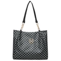 Women's black tote bag with silver M pattern and golden chain strap detail - Black