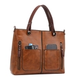 Bruine vintage grote tote bag van gewassen leer met functionele voorzakken voor dames - Bruin