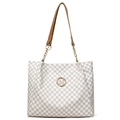 White monogram tote bag with gold M-logo and brown leather straps for women - White