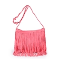 Pink faux suede crossbody bag featuring tiered fringe details and braided strap - Pink