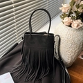 Bohemian black tassel handbag with matte texture and vintage style shoulder strap - Black