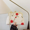 Beige straw woven handbag with red flower embroidery and gold chain strap - Red