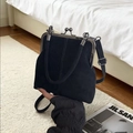 Retro black faux suede shell cross-body bag with metal clasp and dual-strap options - Suede Texture Style / Black