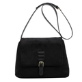Retro black faux suede crossbody bag with gold buckle and adjustable strap - Black