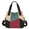 Retro Canvas-Einkaufstasche mit geometrischen Farbfeldern und verstellbarem Gurt - Rot Grün Patchwork