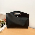 Elegant black PU leather business laptop handbag with silver oval metal handle for women - Black