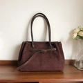 Large dark brown suede tote bag with smooth leather straps and golden metal buckle - Brown