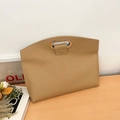 Chic light brown PU leather laptop clutch bag with oval silver metal handle - Khaki