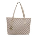 Beige tote bag with repeat M pattern and golden metal charm for casual daily commute - White
