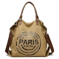 Borsa tote in tela kaki con motivo a francobollo Paris e manici in ecopelle - Marrone