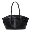 Black lychee leather crescent tote bag with gold buckle and long shoulder straps - Black