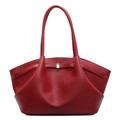 Dark red lychee textured leather tote bag with elegant folds and gold buckle detail - Red