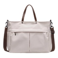 Große beige Nylon-Tragetasche mit braunen Griffen und mehreren Außentaschen - Gebrochenes Weiß