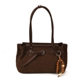 Bolso tote vintage de ante marrón con borla de cuentas de madera y correa de hombro - café