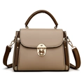 Fashionable beige faux leather tote bag with brown handles and a gold clasp closure - Khaki