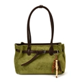 Bolso tote vintage de ante verde matcha con asas de cuero marrón y colgante de madera - Verde